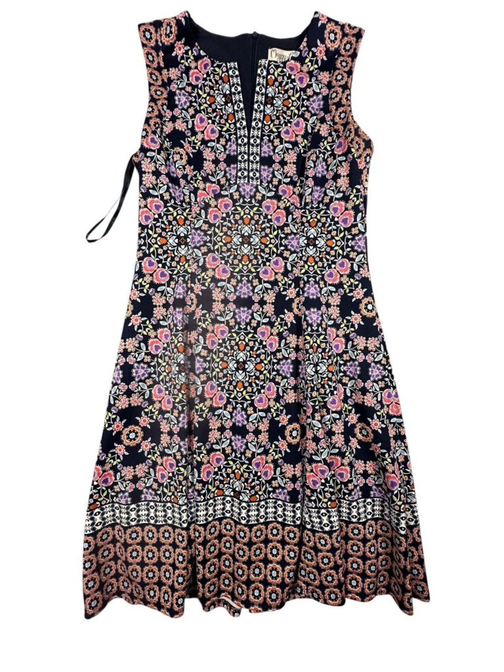 Floral Sleeveless A-Line Dress By Maggy L 10 Navy Multicolor Polyester Blend - Picture 2 of 7